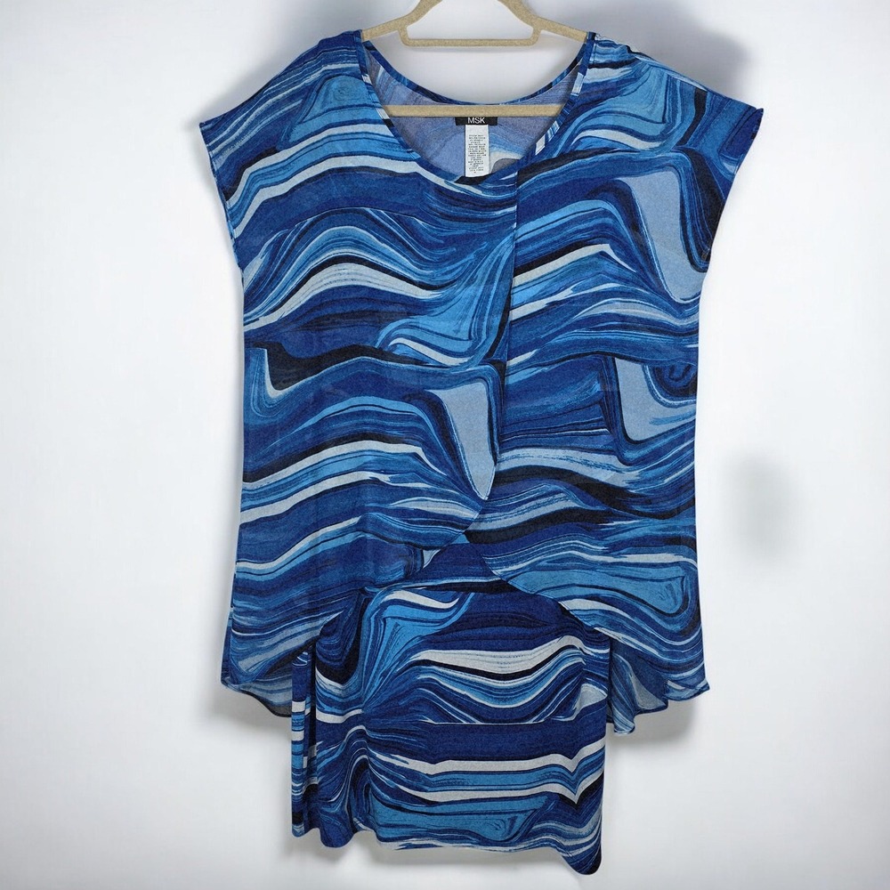 MSK Tunic Dress Women XL Blue Abstract Swirl Print Asymmetrical Sheer Overlay